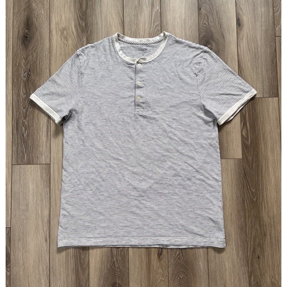 J.Crew White/Blue Striped Henley Short Sleeve Tee Mens Sz Large 100% Cotton
